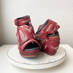 Lane Boots LEXINGTON Womens Red Wedges 7.5 Western Sandals Cowgirl Wooden Heels
